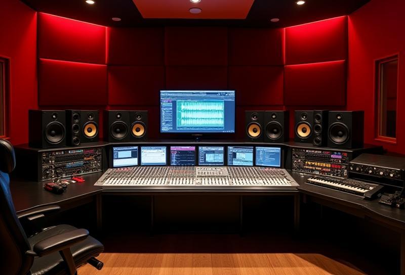 Control room with mixing console and monitors at Studio Sonoro Brasil.